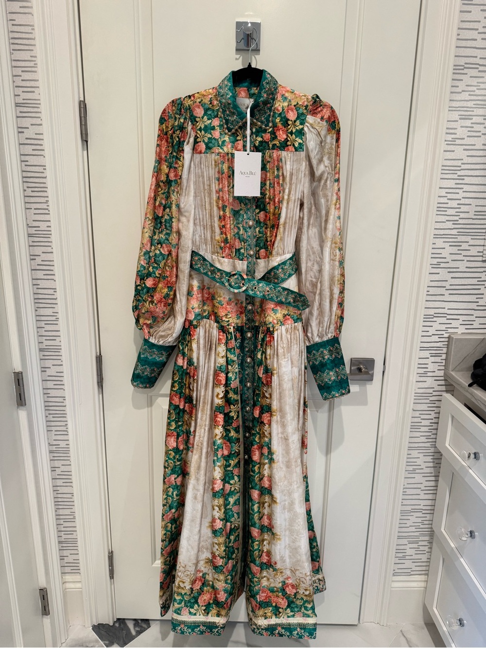 Aqua Blu Green and Cream Floral Maxi Dress with Belted Waist NWT